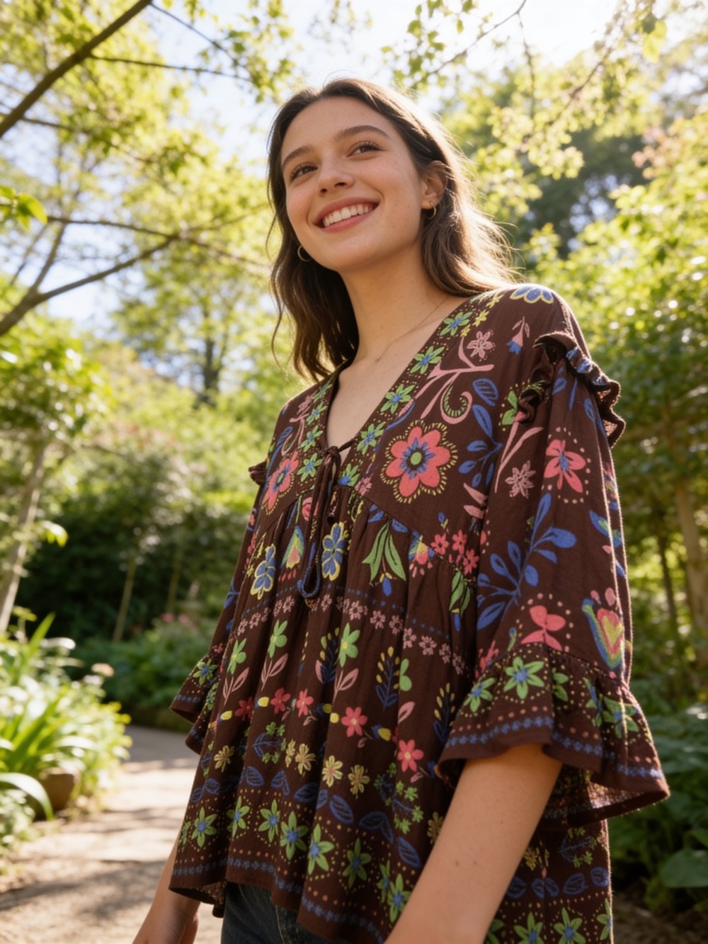 🚨🚨🚨SOLD🚨🚨🚨easel Brown Floral Tie-Front Boho Peasant Top